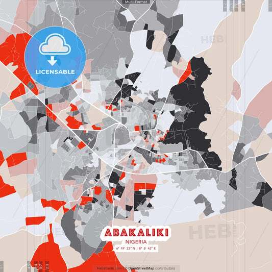 Abakaliki, Nigeria - modern street map poster template with gray and red tones