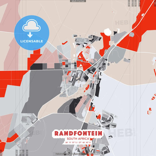 Randfontein, South Africa - modern street map poster template with gray and red tones