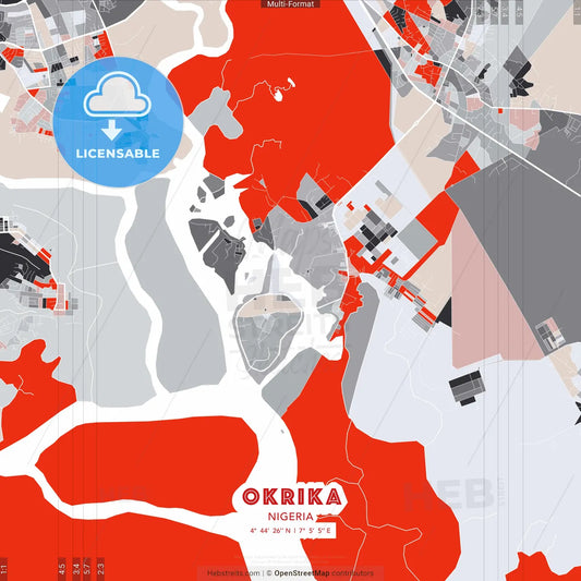 Okrika, Nigeria - modern street map poster template with gray and red tones