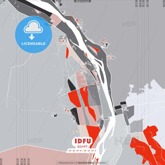 Idfu, Egypt - modern street map poster template with gray and red tones
