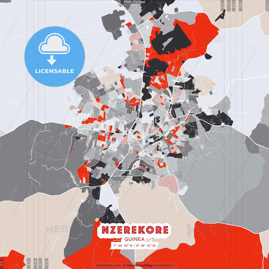 Nzerekore, Guinea - modern street map poster template with gray and red tones