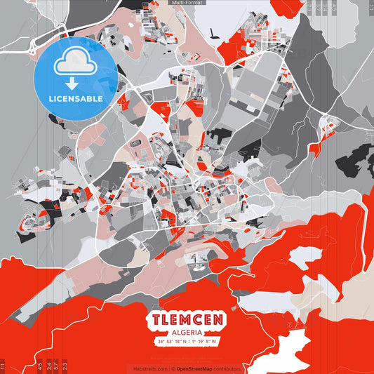 Tlemcen, Algeria - modern street map poster template with gray and red tones
