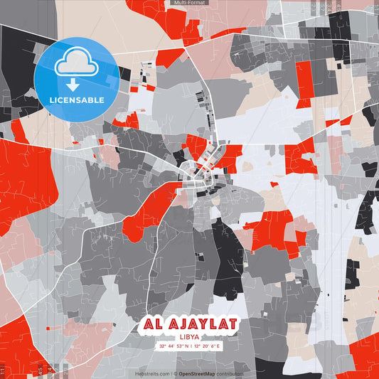 Al Ajaylat, Libya - modern street map poster template with gray and red tones