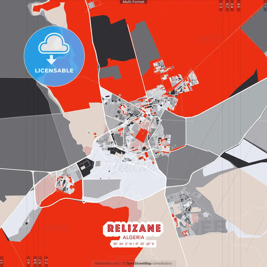 Relizane, Algeria - modern street map poster template with gray and red tones
