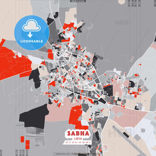 Sabha, Libya - modern street map poster template with gray and red tones