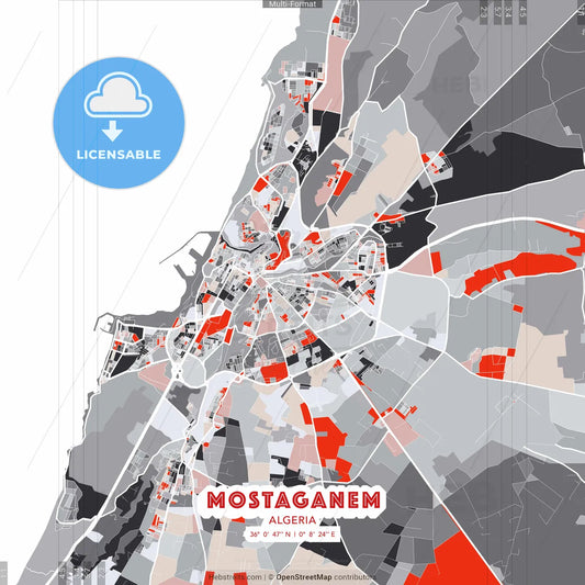 Mostaganem, Algeria - modern street map poster template with gray and red tones