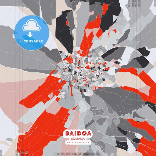 Baidoa, Somalia - modern street map poster template with gray and red tones