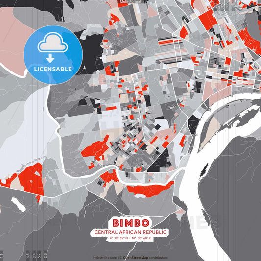 Bimbo, Central African Republic - modern street map poster template with gray and red tones