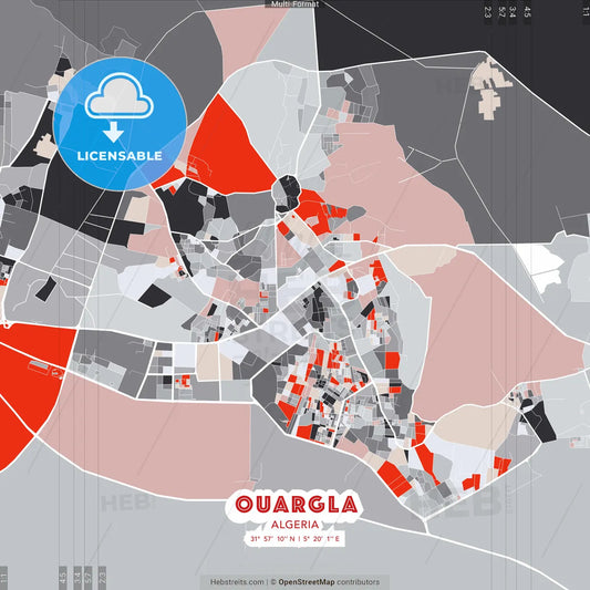 Ouargla, Algeria - modern street map poster template with gray and red tones
