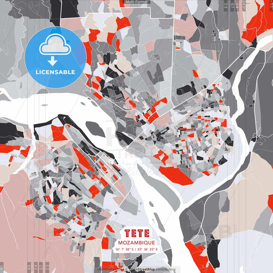 Tete, Mozambique - modern street map poster template with gray and red tones