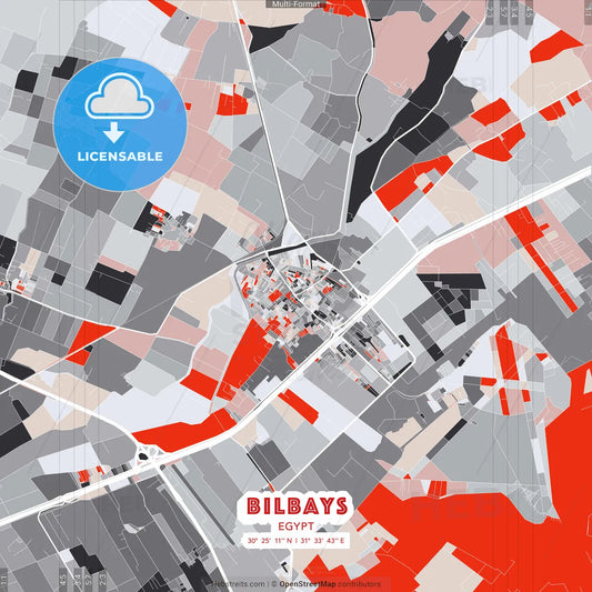 Bilbays, Egypt - modern street map poster template with gray and red tones