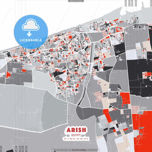 Arish, Egypt - modern street map poster template with gray and red tones