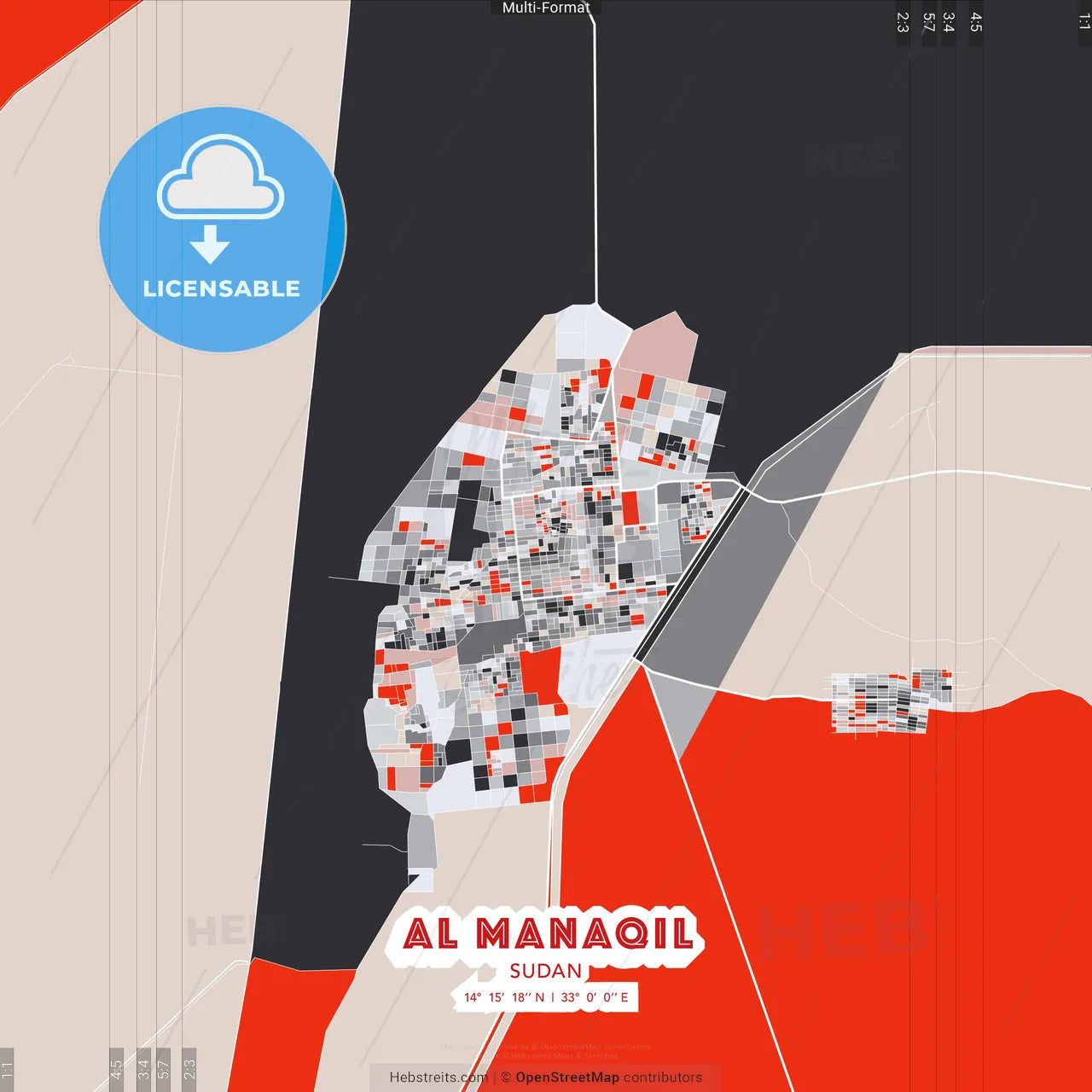 Al Manaqil, Sudan - modern street map poster template with gray and red tones