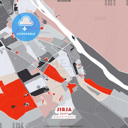 Jirja, Egypt - modern street map poster template with gray and red tones