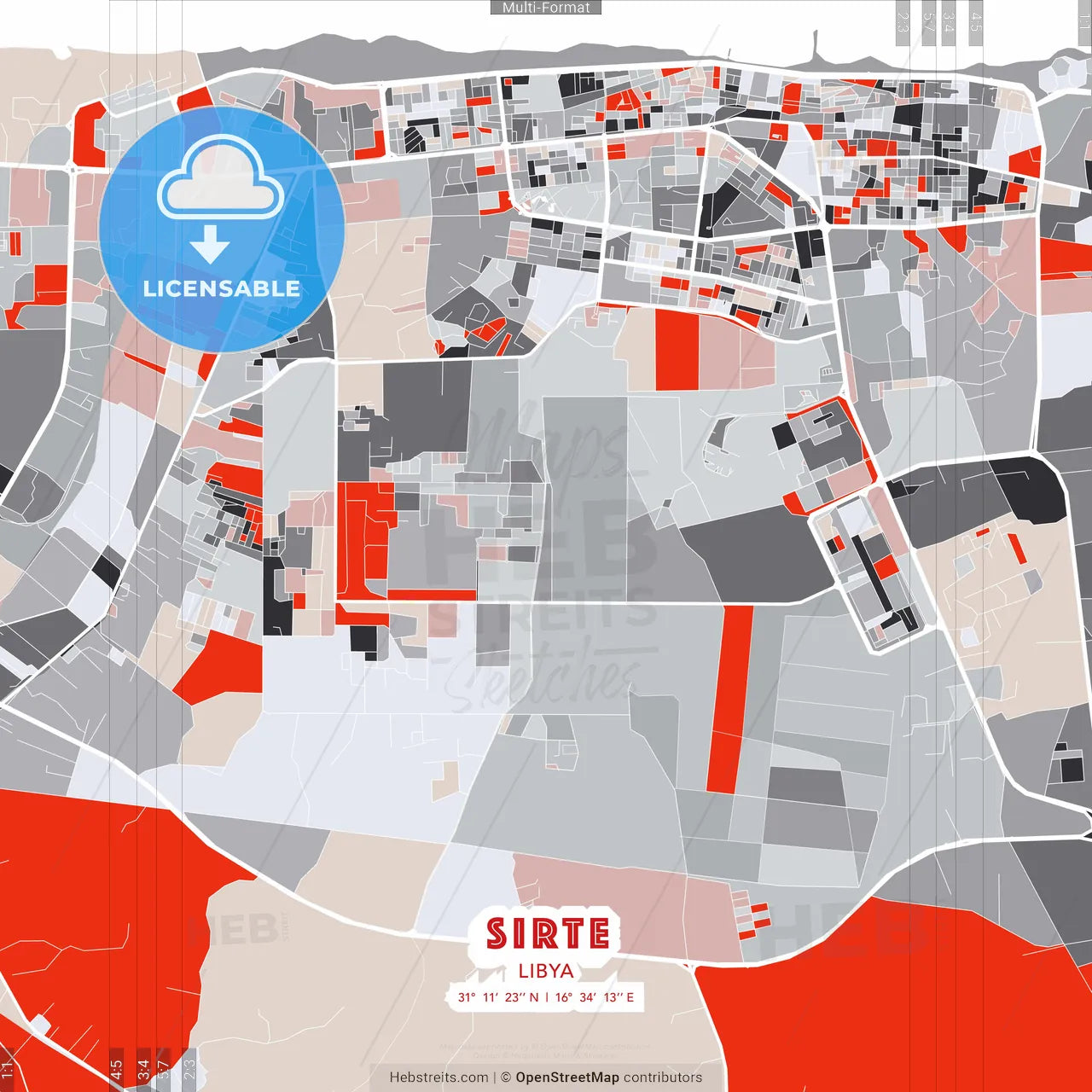 Sirte, Libya - modern street map poster template with gray and red tones