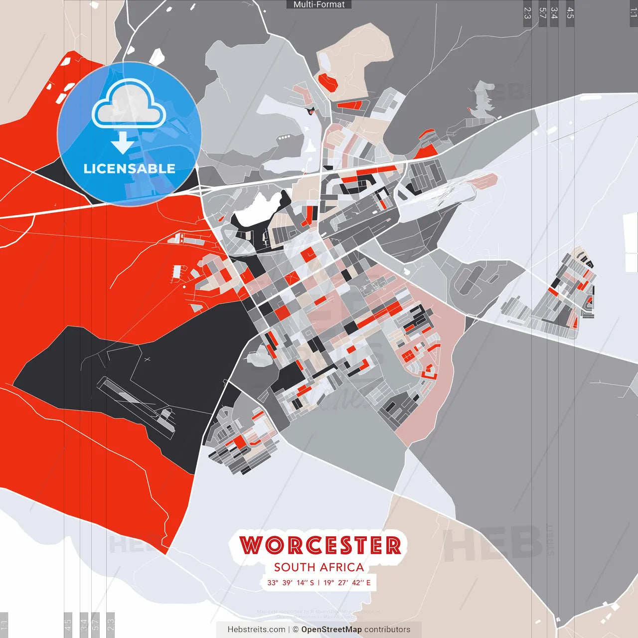 Worcester, South Africa - modern street map poster template with gray and red tones