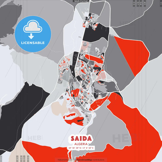 Saida, Algeria - modern street map poster template with gray and red tones