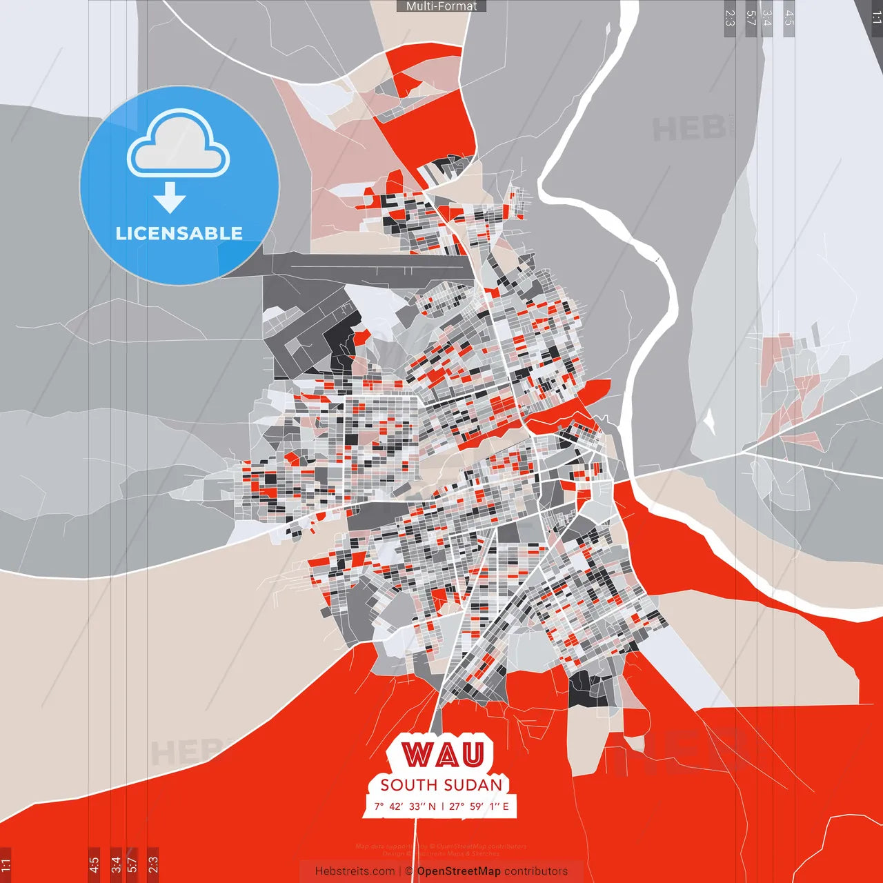 Wau, South Sudan - modern street map poster template with gray and red tones