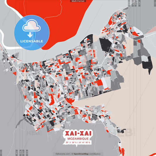 Xai-Xai, Mozambique - modern street map poster template with gray and red tones