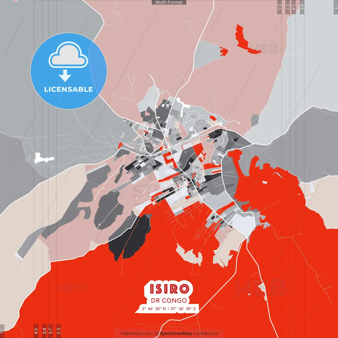 Isiro, DR Congo - modern street map poster template with gray and red tones