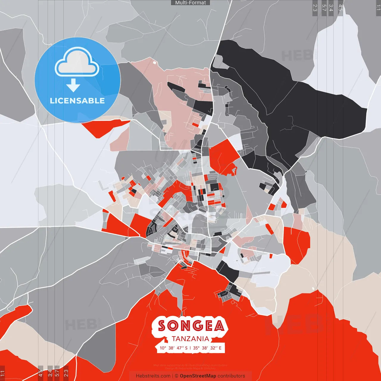 Songea, Tanzania - modern street map poster template with gray and red tones