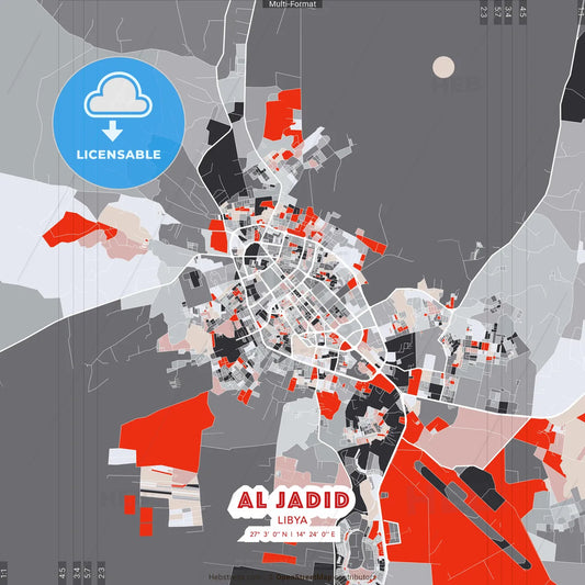 Al Jadid, Libya - modern street map poster template with gray and red tones