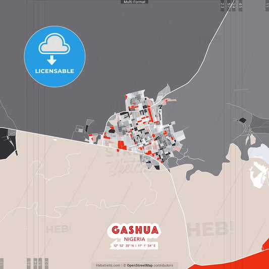 Gashua, Nigeria - modern street map poster template with gray and red tones