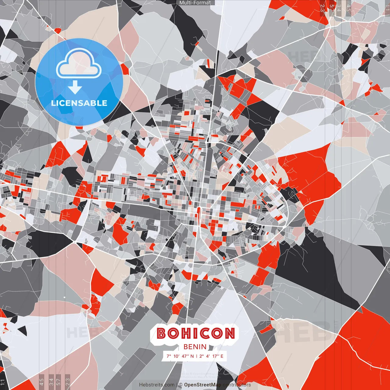 Bohicon, Benin - modern street map poster template with gray and red tones