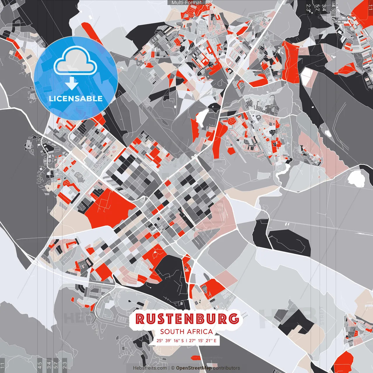 Rustenburg, South Africa - modern street map poster template with gray and red tones