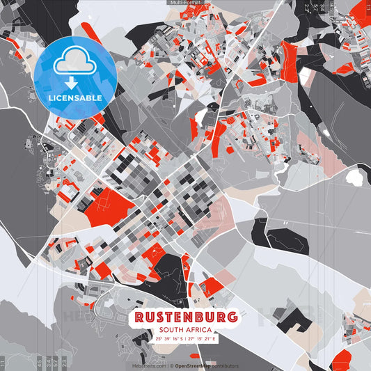 Rustenburg, South Africa - modern street map poster template with gray and red tones