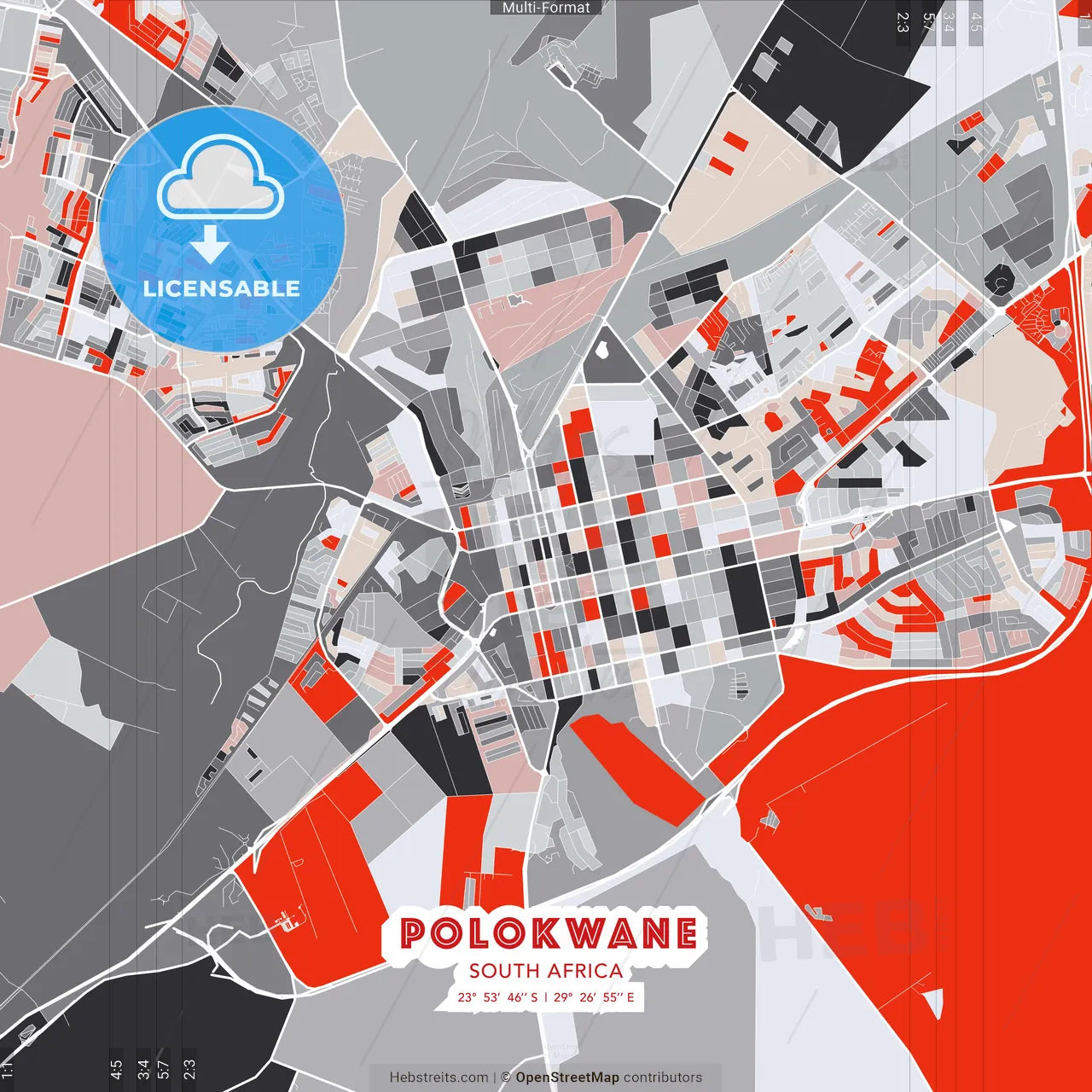 Polokwane, South Africa - modern street map poster template with gray and red tones