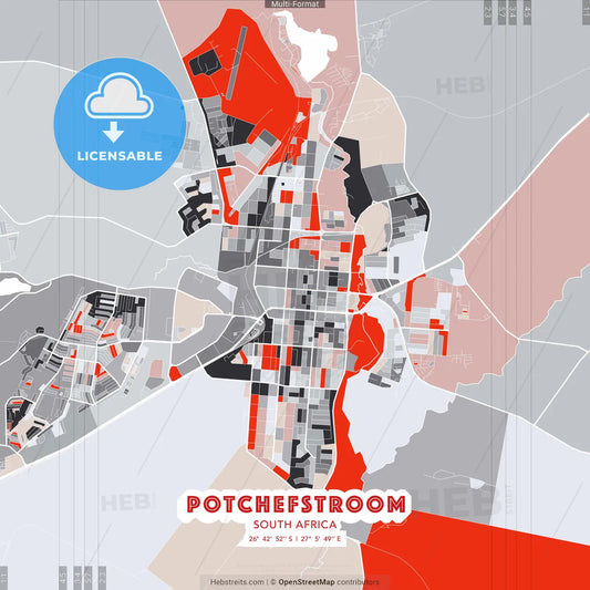 Potchefstroom, South Africa - modern street map poster template with gray and red tones