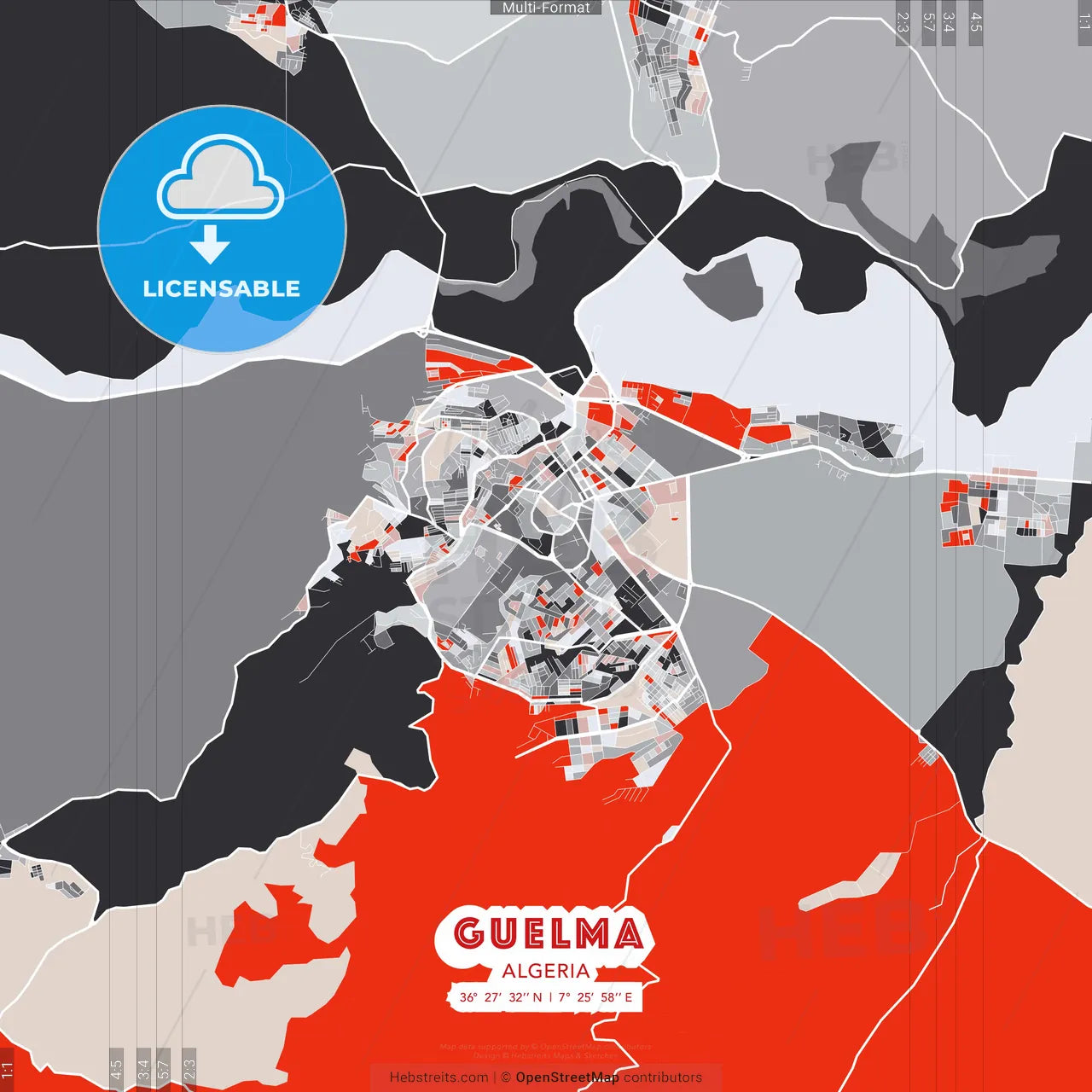 Guelma, Algeria - modern street map poster template with gray and red tones