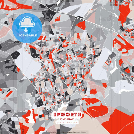 Epworth, Zimbabwe - modern street map poster template with gray and red tones