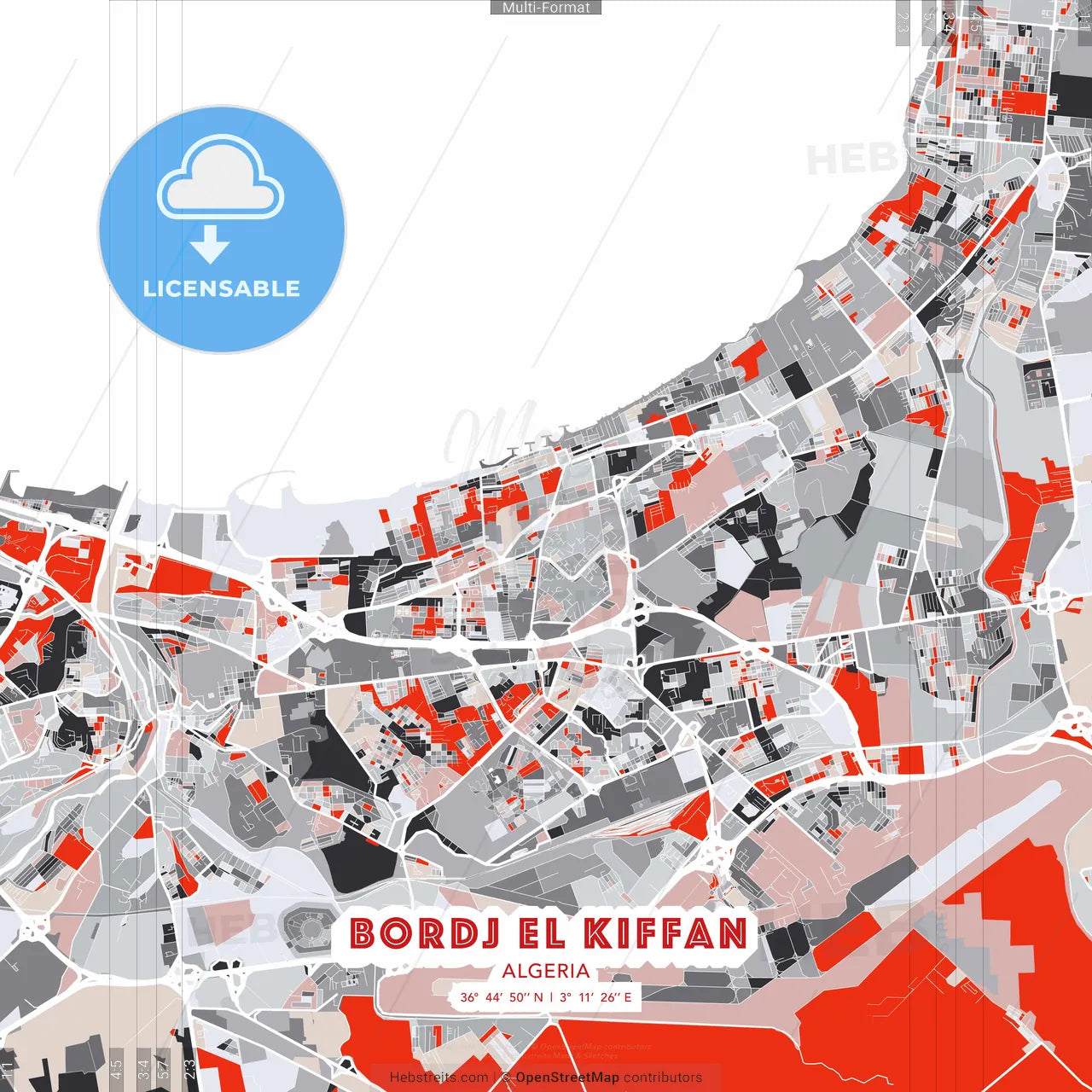 Bordj el Kiffan, Algeria - modern street map poster template with gray and red tones
