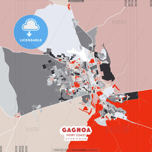 Gagnoa, Ivory Coast - modern street map poster template with gray and red tones