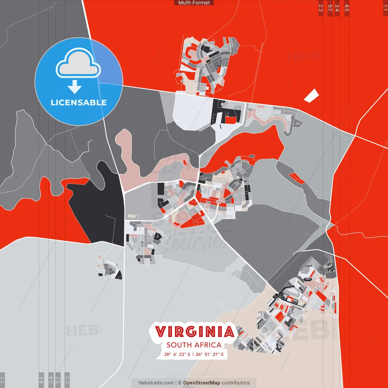 Virginia, South Africa - modern street map poster template with gray and red tones