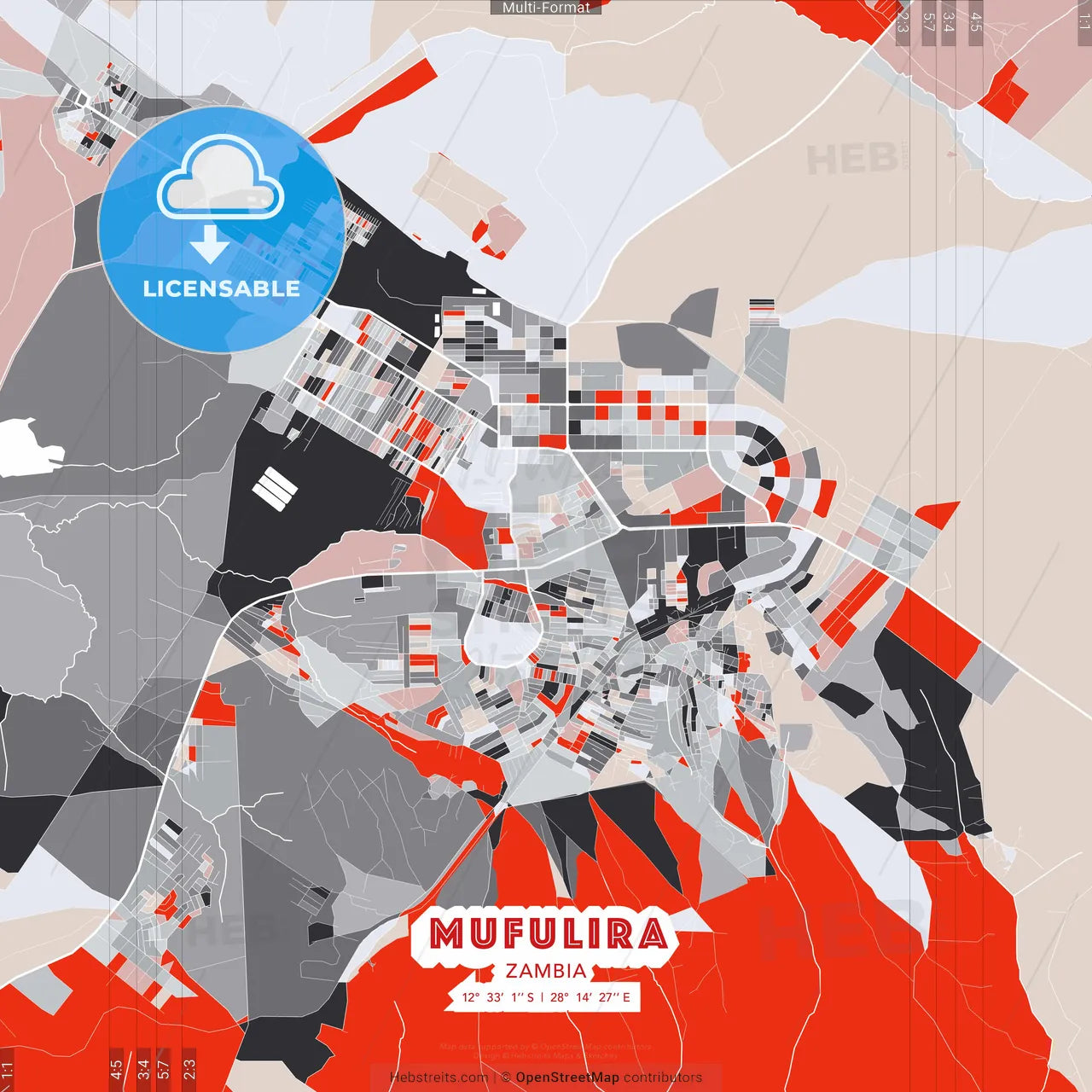 Mufulira, Zambia - modern street map poster template with gray and red tones