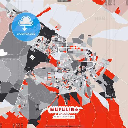 Mufulira, Zambia - modern street map poster template with gray and red tones