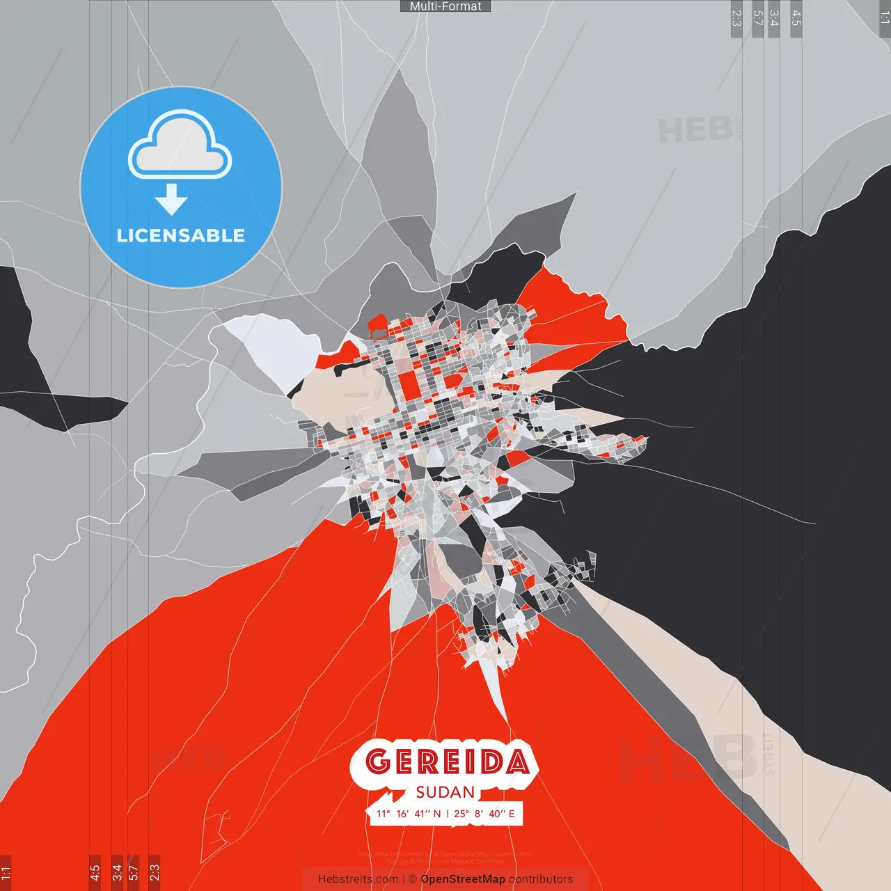 Gereida, Sudan - modern street map poster template with gray and red tones