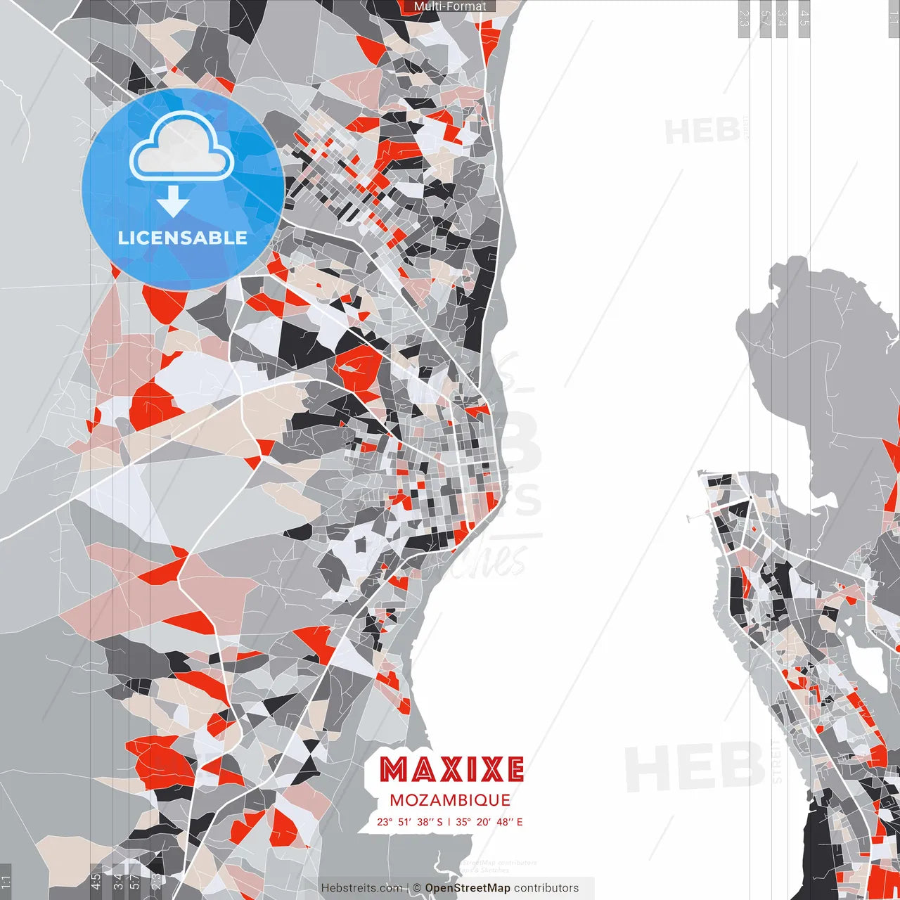 Maxixe, Mozambique - modern street map poster template with gray and red tones