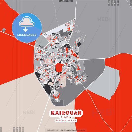 Kairouan, Tunisia - modern street map poster template with gray and red tones