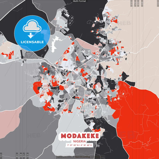 Modakeke, Nigeria - modern street map poster template with gray and red tones