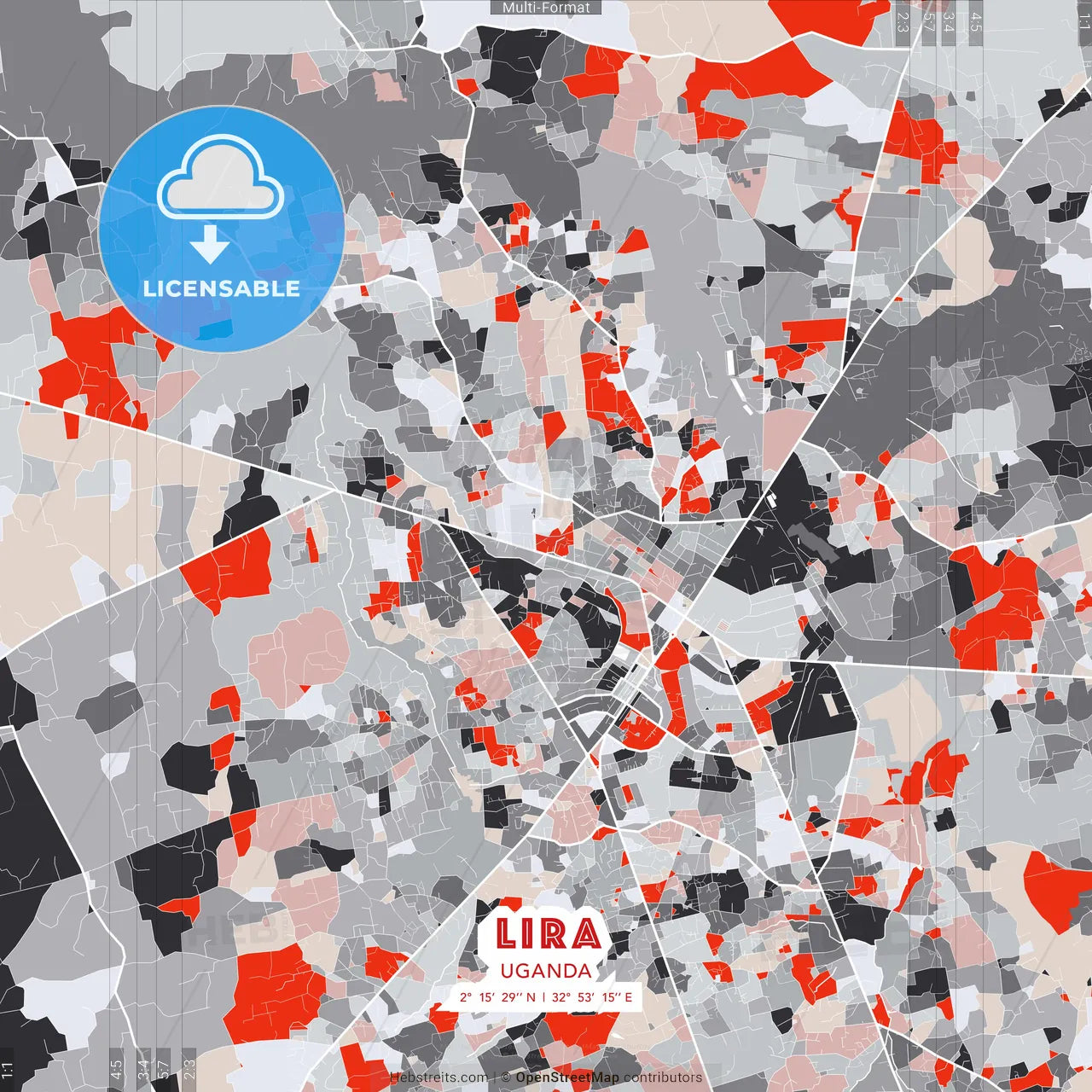Lira, Uganda - modern street map poster template with gray and red tones