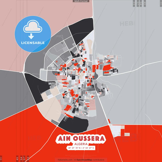 Ain Oussera, Algeria - modern street map poster template with gray and red tones