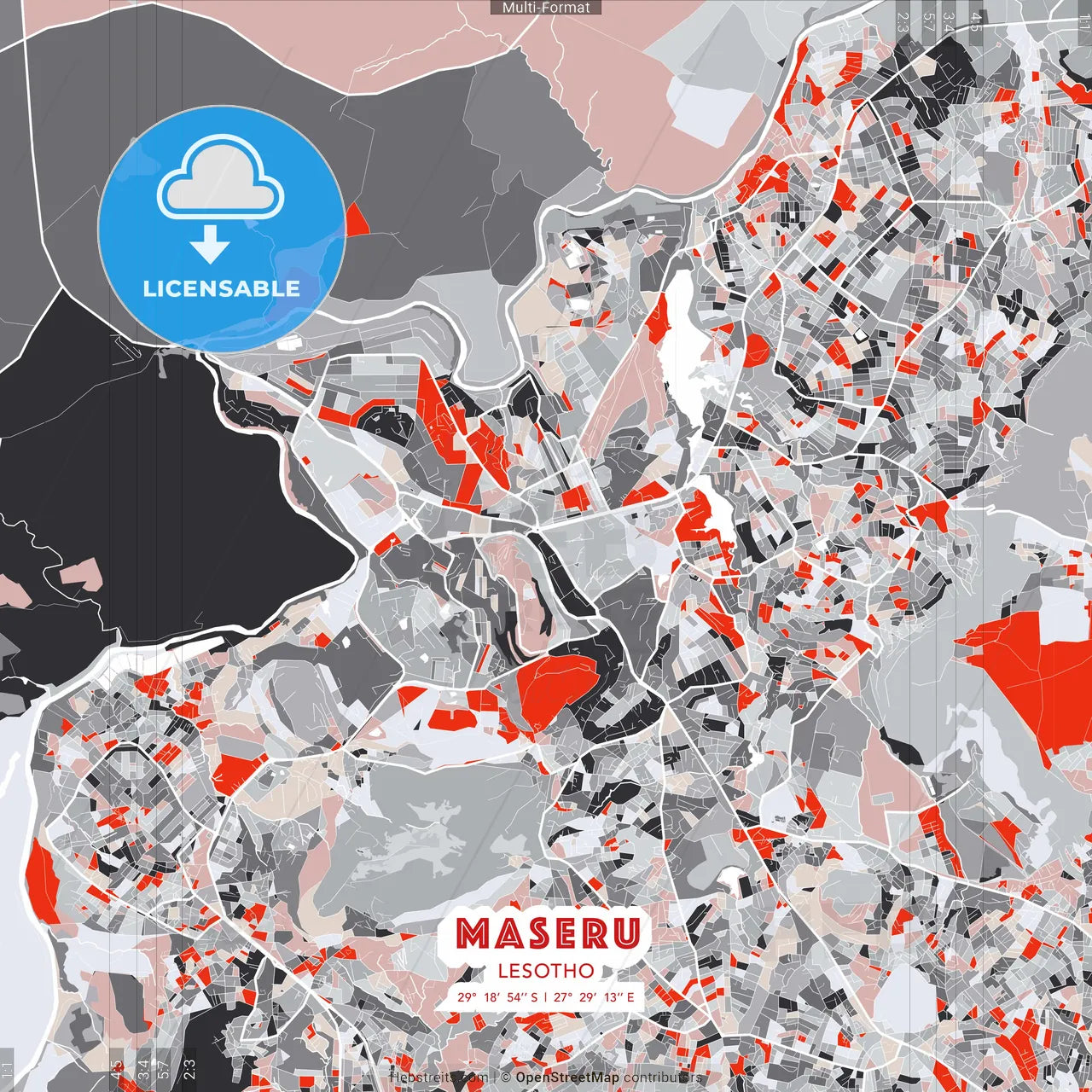 Maseru, Lesotho - modern street map poster template with gray and red tones