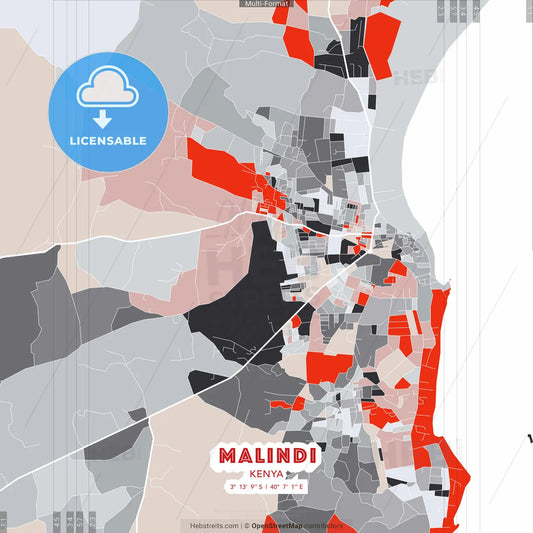 Malindi, Kenya - modern street map poster template with gray and red tones