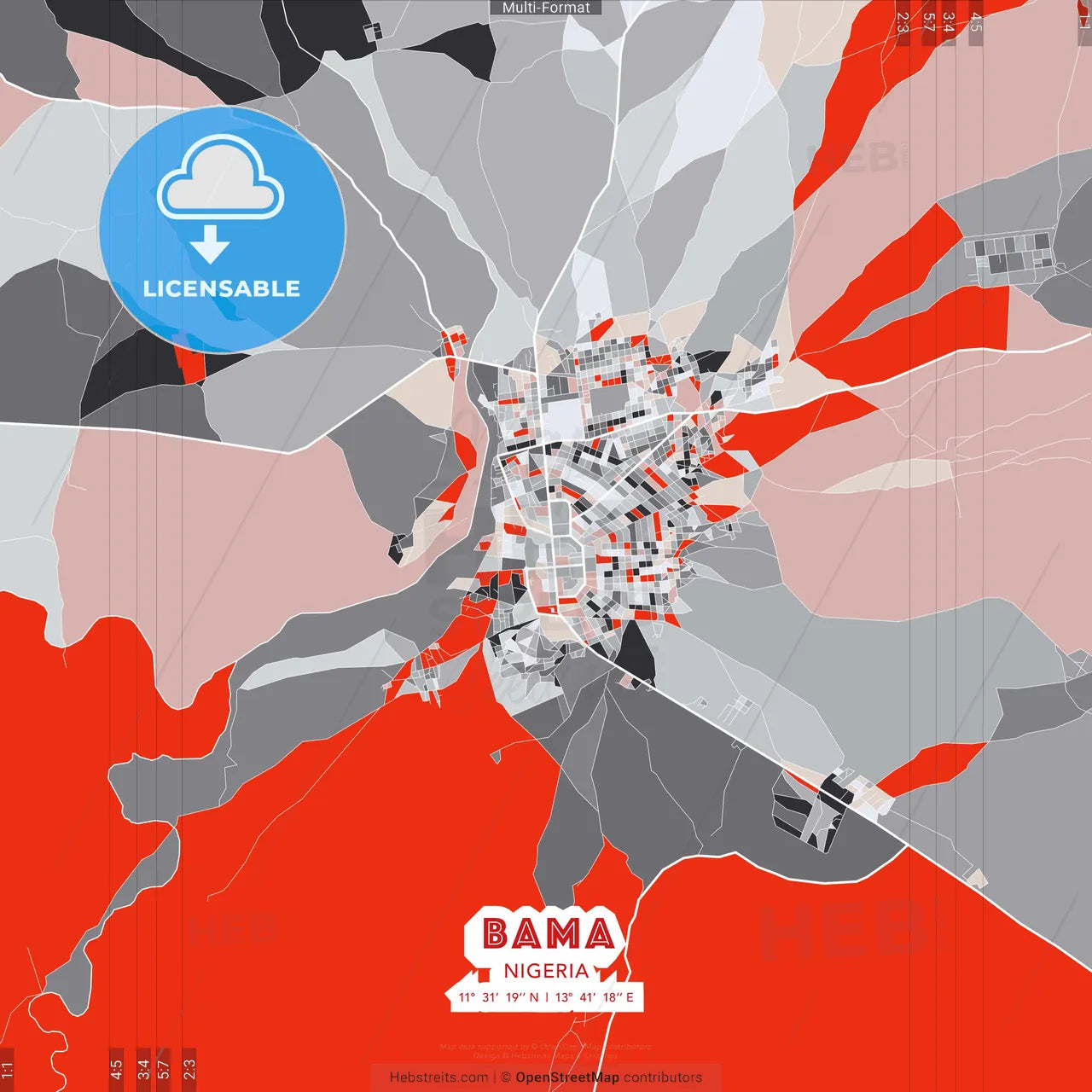 Bama, Nigeria - modern street map poster template with gray and red tones