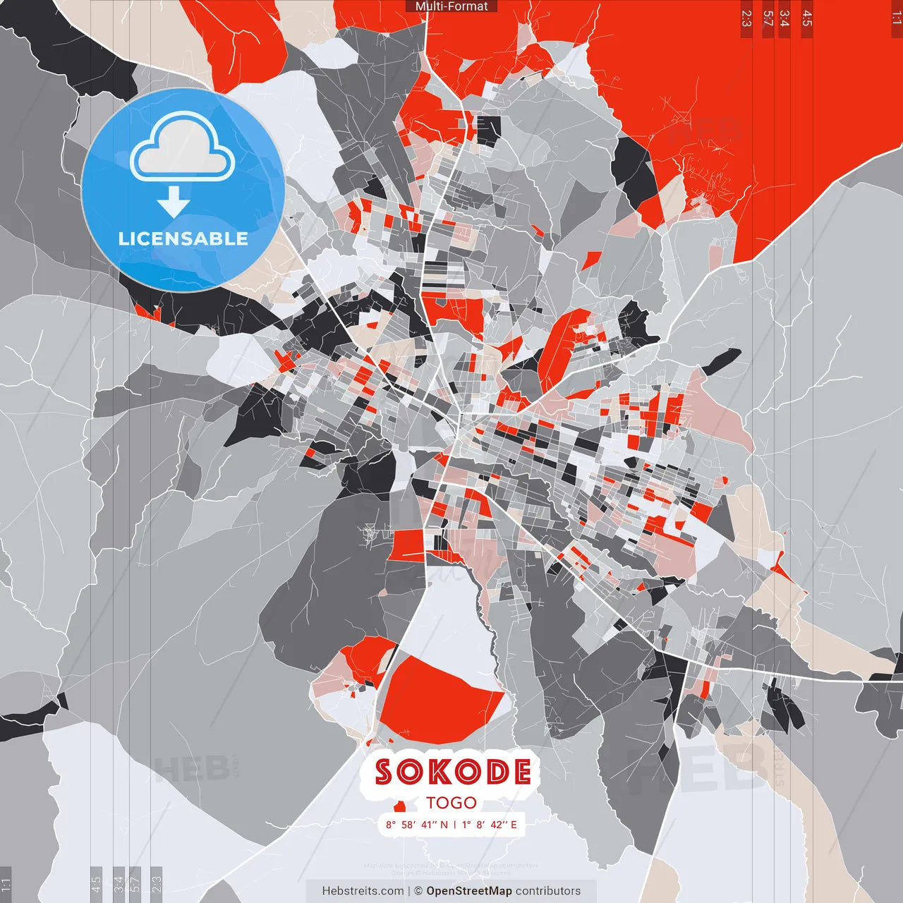 Sokode, Togo - modern street map poster template with gray and red tones