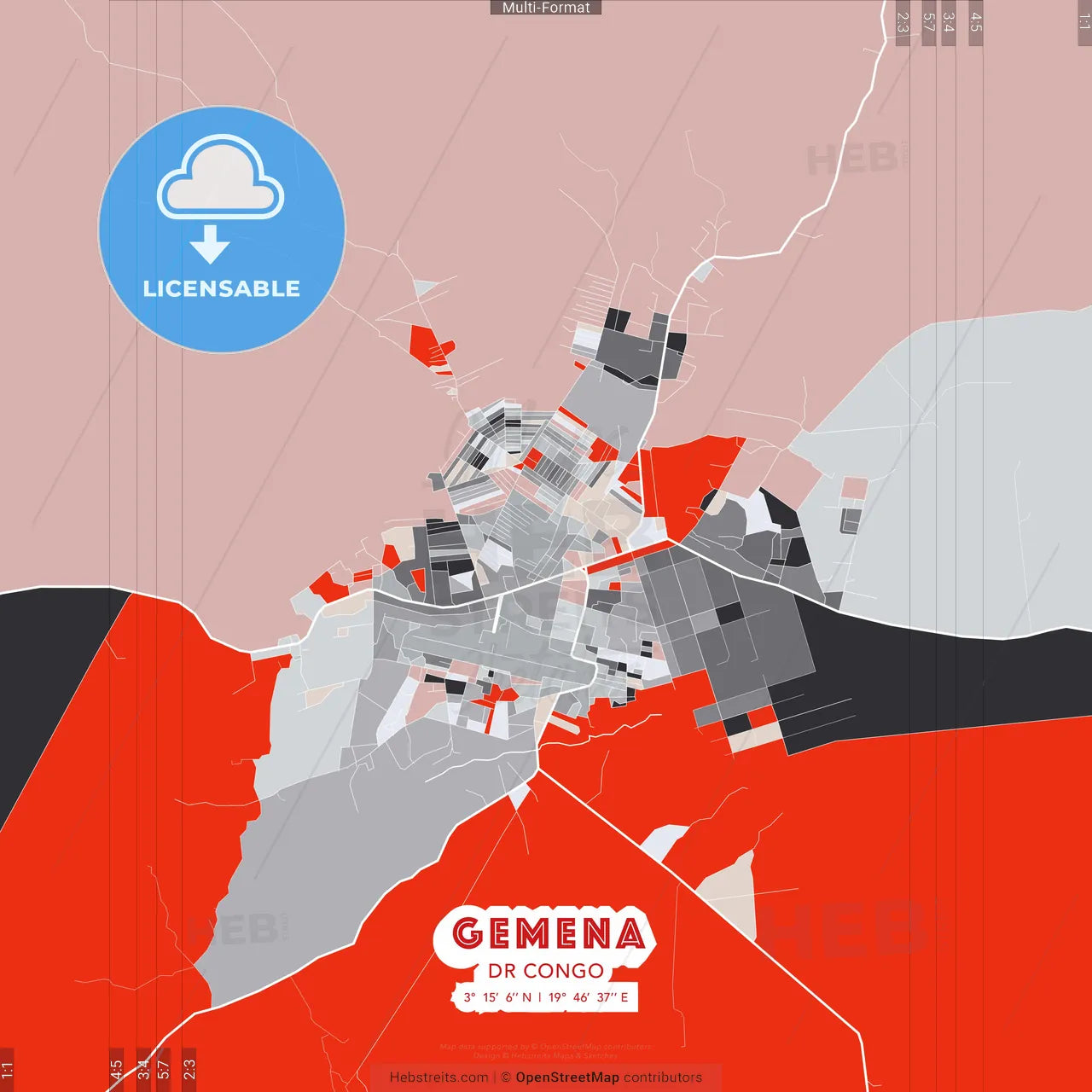 Gemena, DR Congo - modern street map poster template with gray and red tones